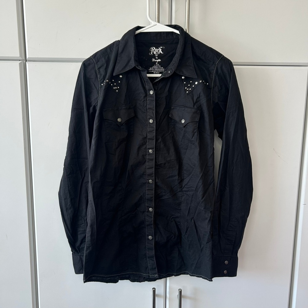 Rock 47 by Wrangler Womens Black Studded Fleur De Lis Western Snap Shirt M